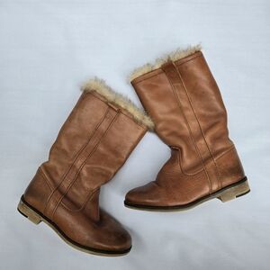 Zara Kids Tan/Brown Fuzzt Lined  Leather Boots Size 29 (US 11.5)